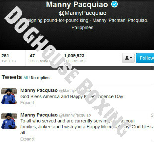 Doghouse Boxing Screen shot of Manny Pacquiao's 1 million twitter followers milestone.