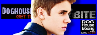 Justin Bieber on Doghouse Boxing Banner.