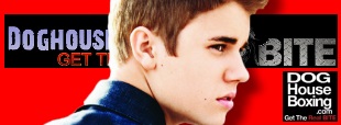 Justin Bieber on Doghouse Boxing Banner.