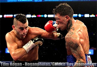 NABF Middleweight Champion David Lemieux (Left) lands a left hand en route to a tenth round technical knockout victory over Gabriel Rosado (Right) on Saturday night at Barclays Center in Brooklyn, New York