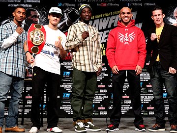 (L-R) Bernard Parks of Omaha, IBF Featherweight champion Evgeny Gradovich, WBO Lightweight champion Terence Crawford ,"the Pride of Omaha" , No. 1 contender and mandatory challenger Ray Beltran of Mexico and Jayson Velez of Puerto Rico pose during the final press conference.