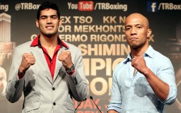 Gilberto "Zurdo" Ramirez (R) of Mexico and Junior Talipeau pose during the final press conference, Thursday for their upcoming 10-round title fight