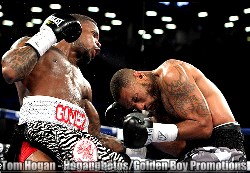 Junior middleweight prospect Eddie Gomez (Left) lands a left hand en route to a unanimous decision victory over James Winchester (Right)