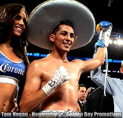 Undefeated middleweight Hugo Centeno (Left) poses after his fifth round technical knockout victory over  James De La Rosa