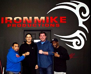 (L-R) - Assistant trainer Martine Gonzalez, unbeaten light heavyweight Lenin Castillo, Iron Mike Productions CEO Garry Jonas and trainer Don Saxby.