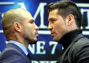 (L-R) Three-time world champion Miguel Cotto of Puerto Rico and WBC world Middleweight champion Sergio Martinez