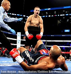 Undefeated junior welterweight prospect Zachary Ochoa (Background) scores a knockdown en route to a unanimous decision victory over Jose Miguel Castro (Foreground).