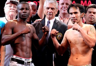 Undefeated unified Jr. Featherweight world champion and Cuban sensation Guillermo Rigondeaux (Left in pic) and top-five contender Sod Looknongyantoy (right) weigh in