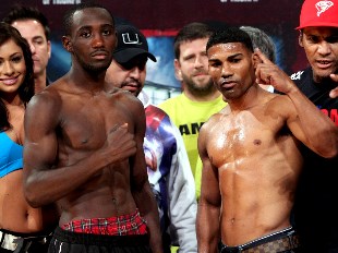 (L-R) WBO Lightweight champ Terence Crawford of Omaha & Olympic gold medalist Yuriorkis Gamboa of Cuba weigh in (Crawford 134.8 lbs, Gamboa 134.4 lbs )