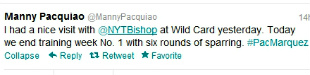 I had a nice visit with @NYTBishop at Wild Card yesterday. Today we end training week No. 1 with six rounds of sparring